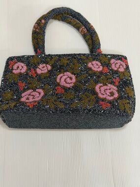 Vintage Floral Fully Beaded Evening Bag Pink Rose Top Handle Purse Gray